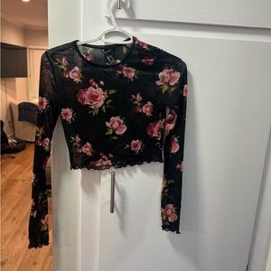 Forever 21 Black Sheer Floral Long-Sleeve Crop Top